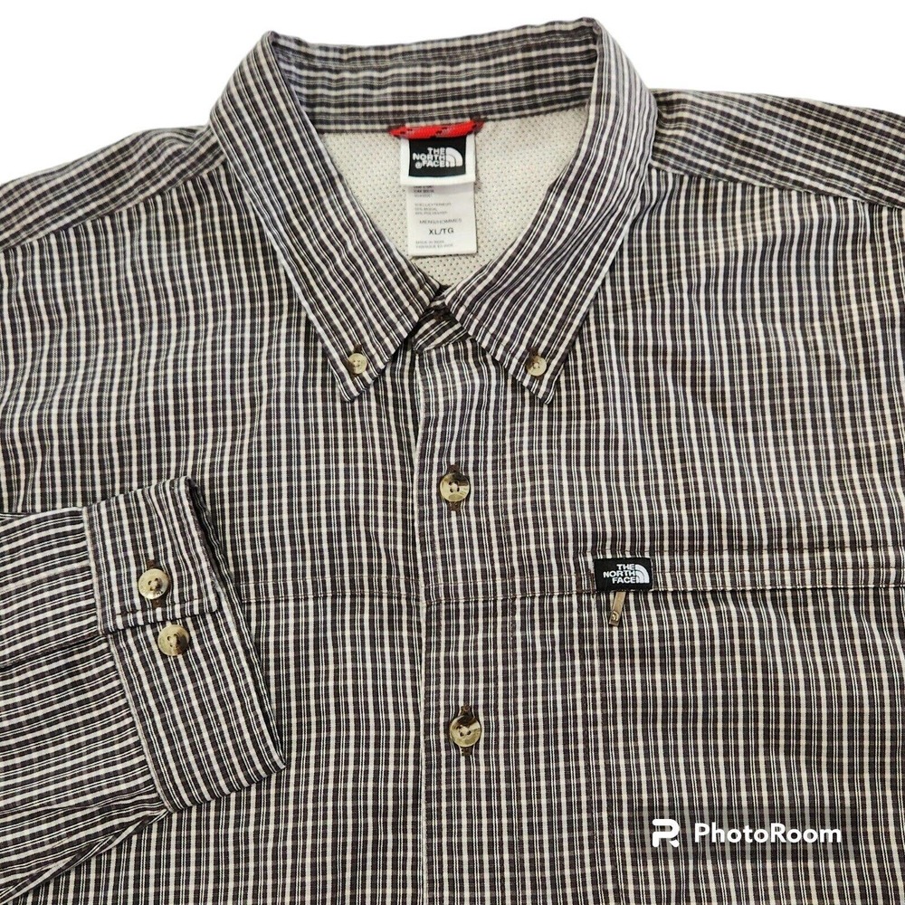 The North Face XL Mens Long Sleeve Button Shirt Brown Check Zip Pocket‎ Outdoor